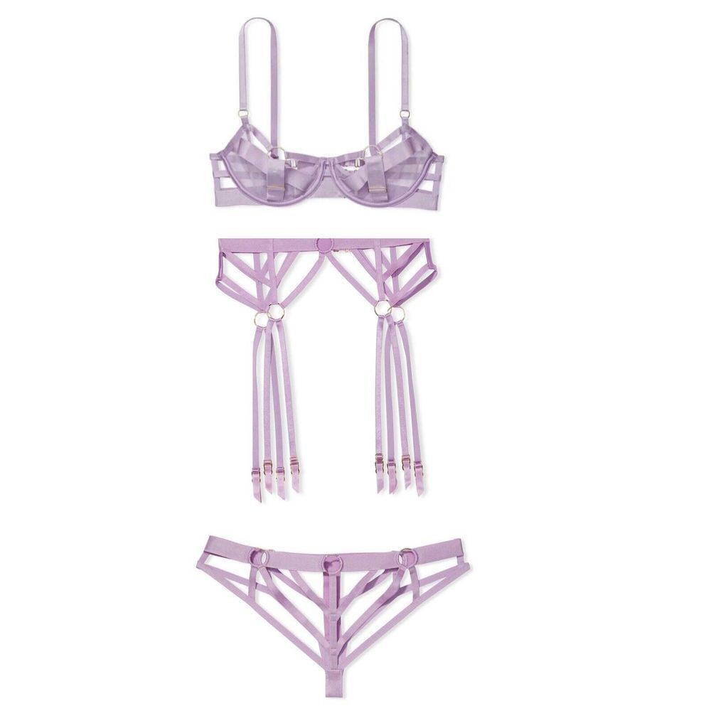 VICTORIA'S SECRET BOND GIRL STRAPPY CUTOUT BRA, GARTER & PANTIES SET SZ 36DD/M